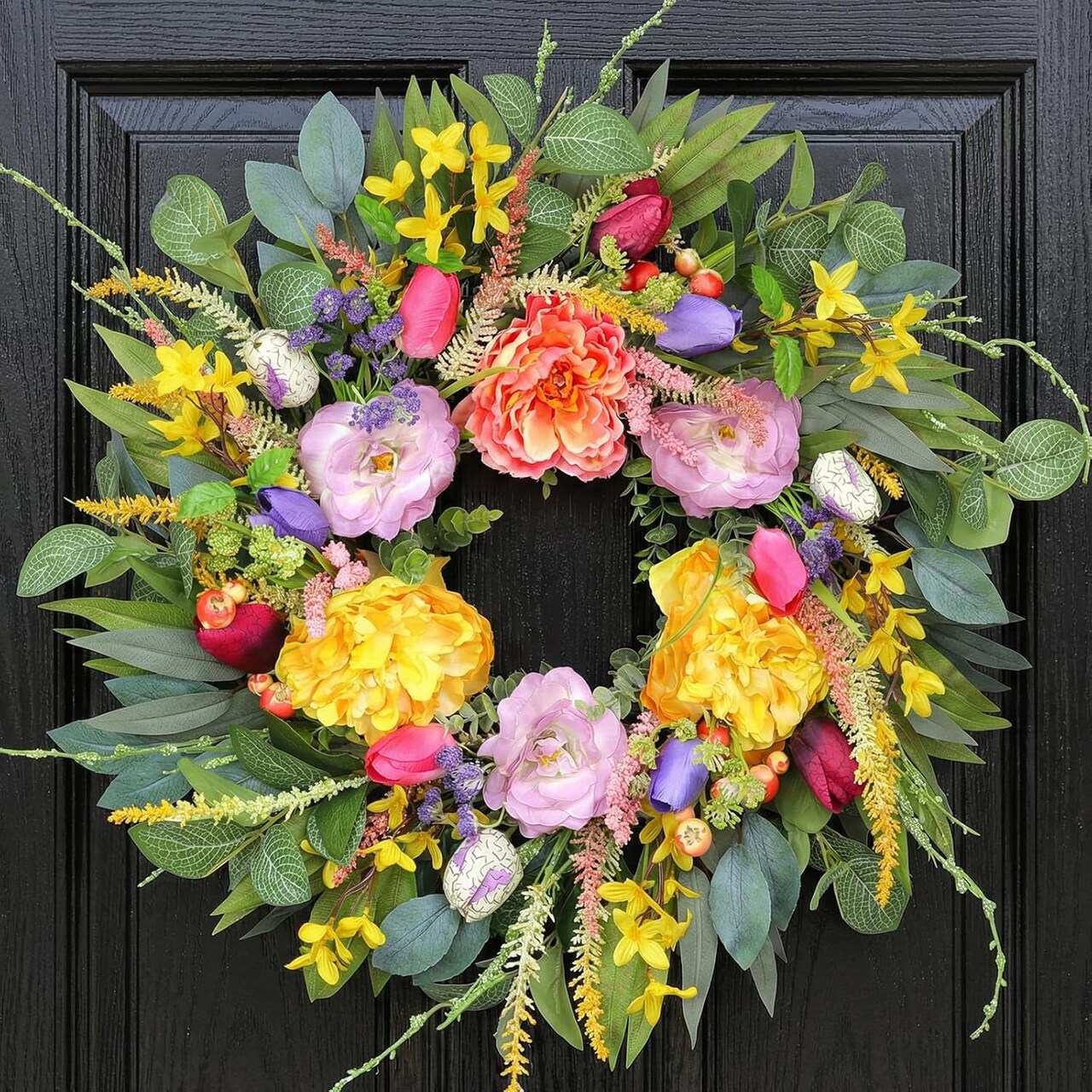 24-Inch Handcrafted Peony & Tulip Wreath with Eucalyptus Leaves – Lifelike Spring & Summer Front Door Wreath for Porch, Mantel, Wall, Farmhouse, Patio & Home Décor